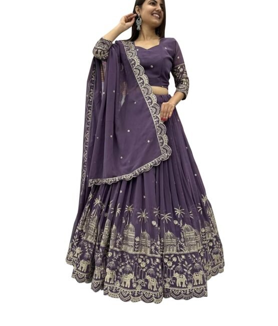 MODEMIX Designer Lehenga Choli Set, Purple Georgette with Silver Embroidery, Traditional Palace and Elephant Motifs