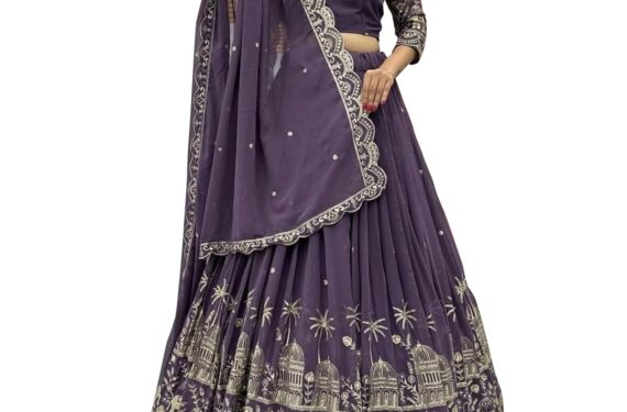 MODEMIX Designer Lehenga Choli Set, Purple Georgette with Silver Embroidery, Traditional Palace and Elephant Motifs