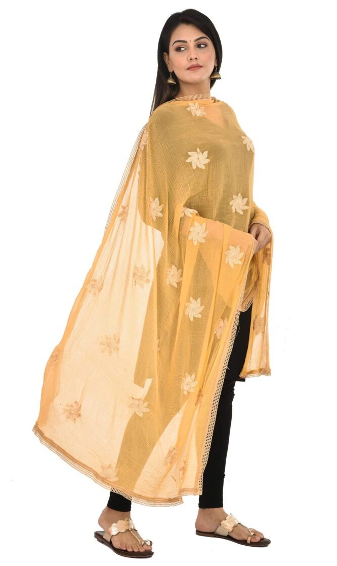YOUTHQUAKE Flower Embroidered Diamond Work Chiffon Dupatta for Womens & Girls With 4 Side Lace (Beige) - Image 2