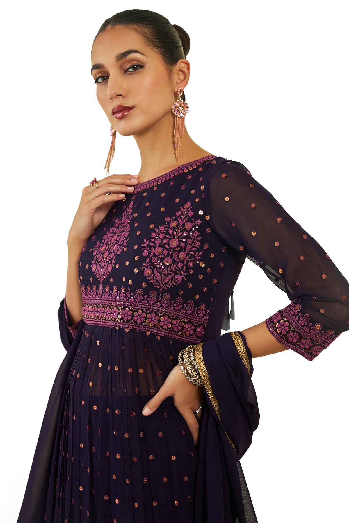 Soch Womens Wine Georgette Suit Set With Embroidery And Sequins - Image 5