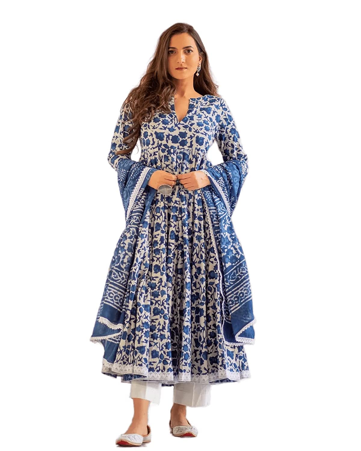 MEERA FAB Women's Cotton Printed Blue Anarkali Kurta With Palazzo & Dupatta Set, 3Xl