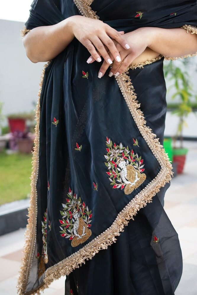 MESCHE Women's Jimmy Organza Saree with Diamond & Resham Buddha Embroidery With Unstiched Blouse Piece. - Image 5