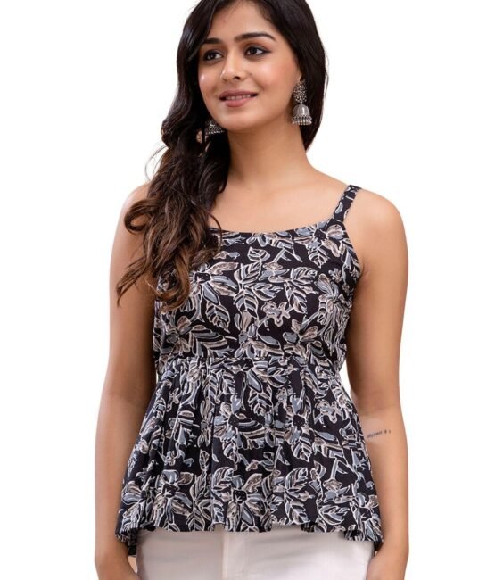 feranoid Women Cotton Printed Sleeveless Strap Peplum Top