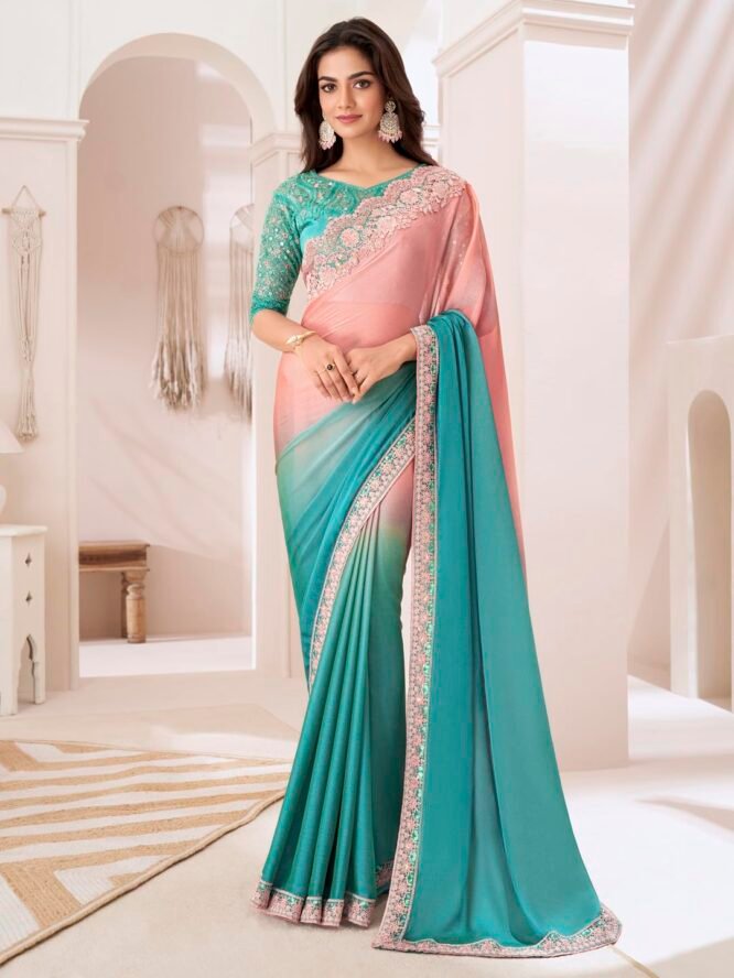 AKHILAM Women's Peach Pure Chiffon Embellished Saree With Unstitched Blouse (SNDLWOD1311_TFH) - Image 6