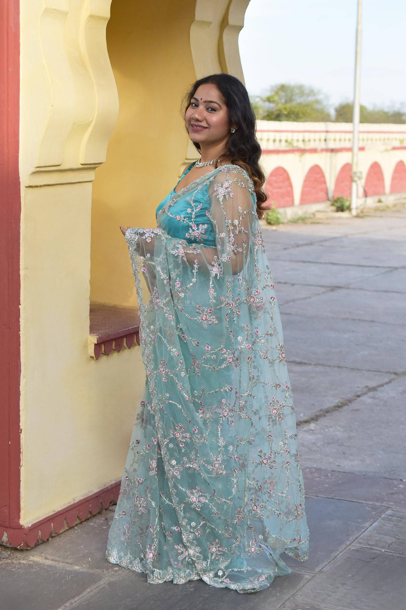 MESCHE Women's Pastel Mint Green Supernet Saree with Zari & Sequin Floral Embroidery With Unstitched Blouse Piece - Image 2