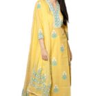 GoSriKi Women's Cotton Blend Straight Hand Block Printed Kurta with Pant & Dupatta (Belagavi Mustard-GS_XXL_Mustard_XX-Large)
