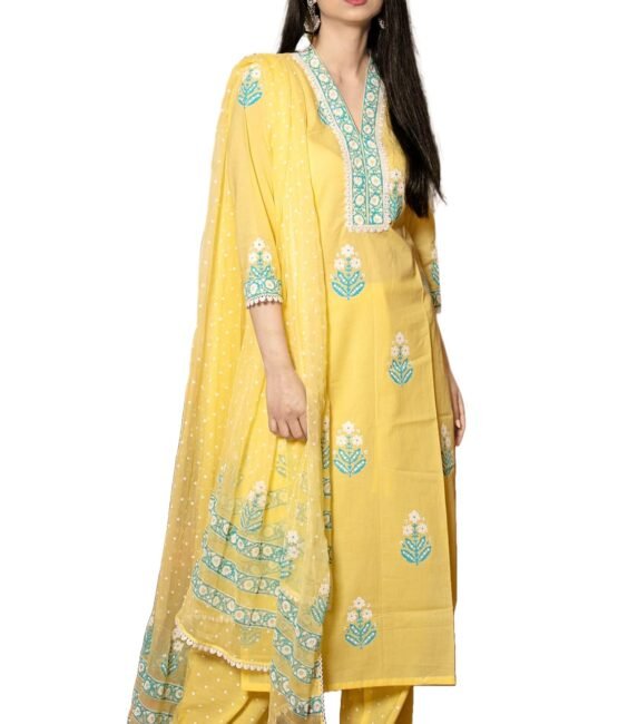 GoSriKi Women's Cotton Blend Straight Hand Block Printed Kurta with Pant & Dupatta (Belagavi Mustard-GS_XXL_Mustard_XX-Large)
