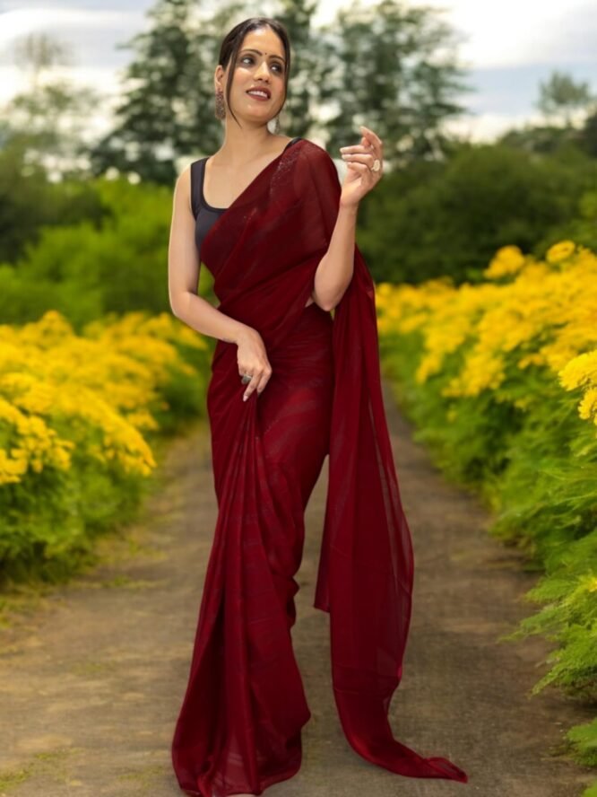 FEAURA Women's Maroon Ready to Wear Prestitched 1 Min. Saree Glitter Striped Nylon Light Weight with Blouse Piece - Image 5