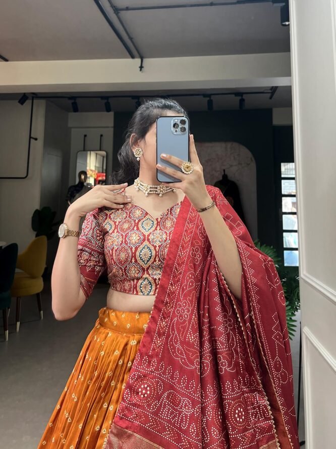 Women's Tussar Silk With Patola Print And Foil Work Lehenga choli (TAPKU) (Yellow) - Image 2