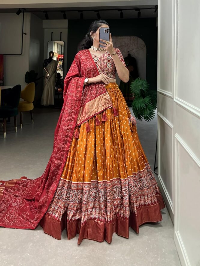Women's Tussar Silk With Patola Print And Foil Work Lehenga choli (TAPKU) (Yellow) - Image 8