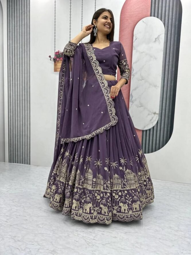 MODEMIX Designer Lehenga Choli Set, Purple Georgette with Silver Embroidery, Traditional Palace and Elephant Motifs - Image 8