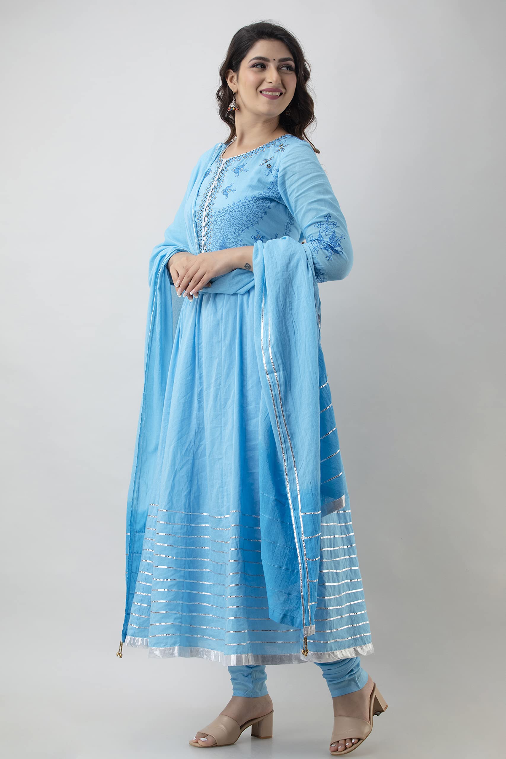 A&K Women Anarkali Embroided Printed Round Neck Kurta, Churidar & Dupatta Set - Image 9