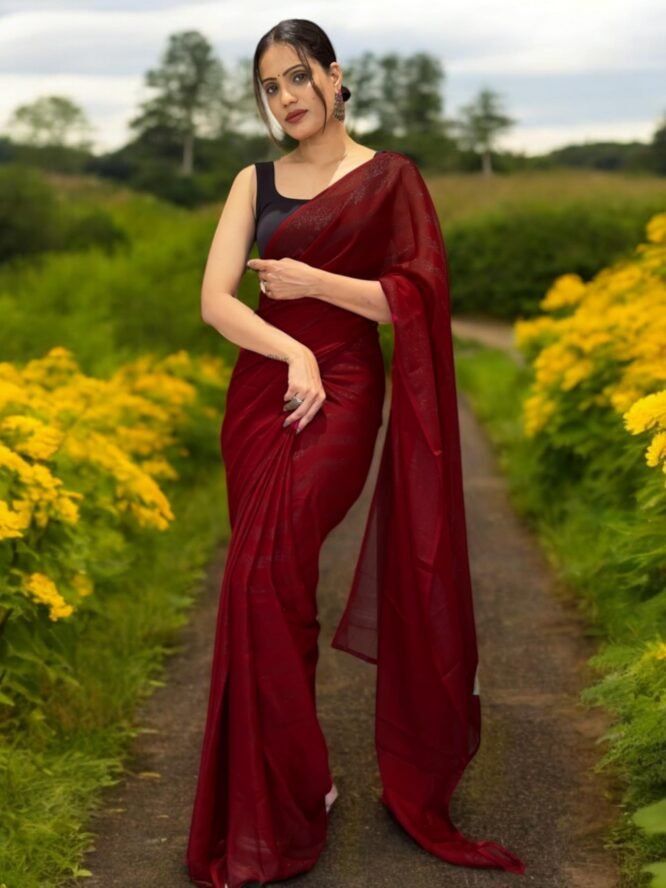 FEAURA Women's Maroon Ready to Wear Prestitched 1 Min. Saree Glitter Striped Nylon Light Weight with Blouse Piece - Image 4