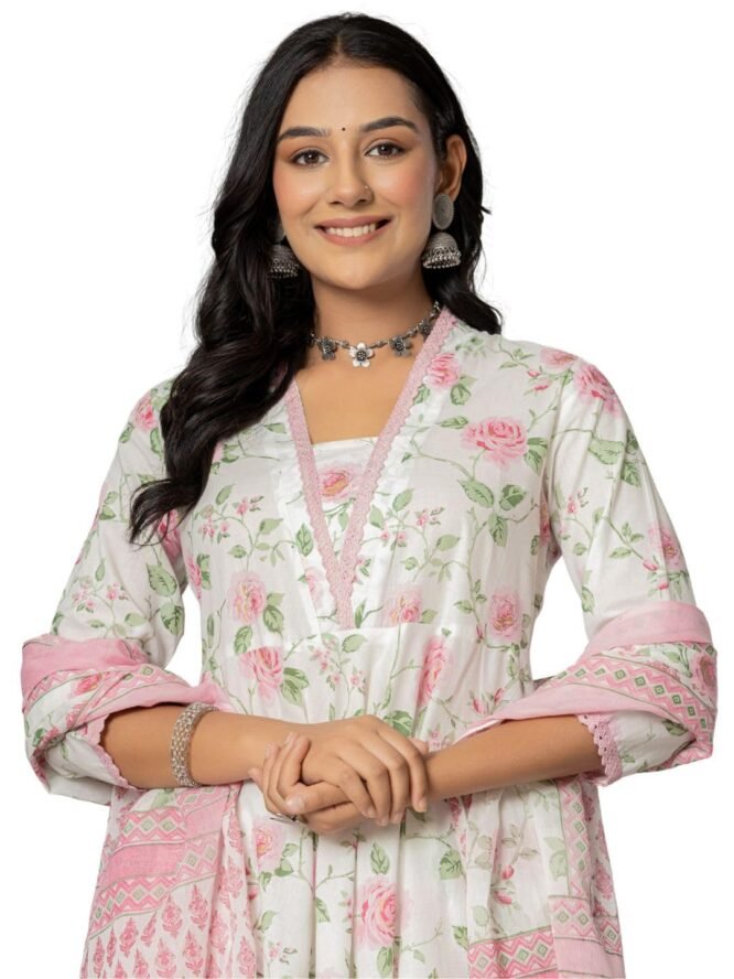 Amayra Women's Cotton Printed Anarkali Kurta with Palazzo Pants and Dupatta(TCK571,Pink,XL) - Image 2