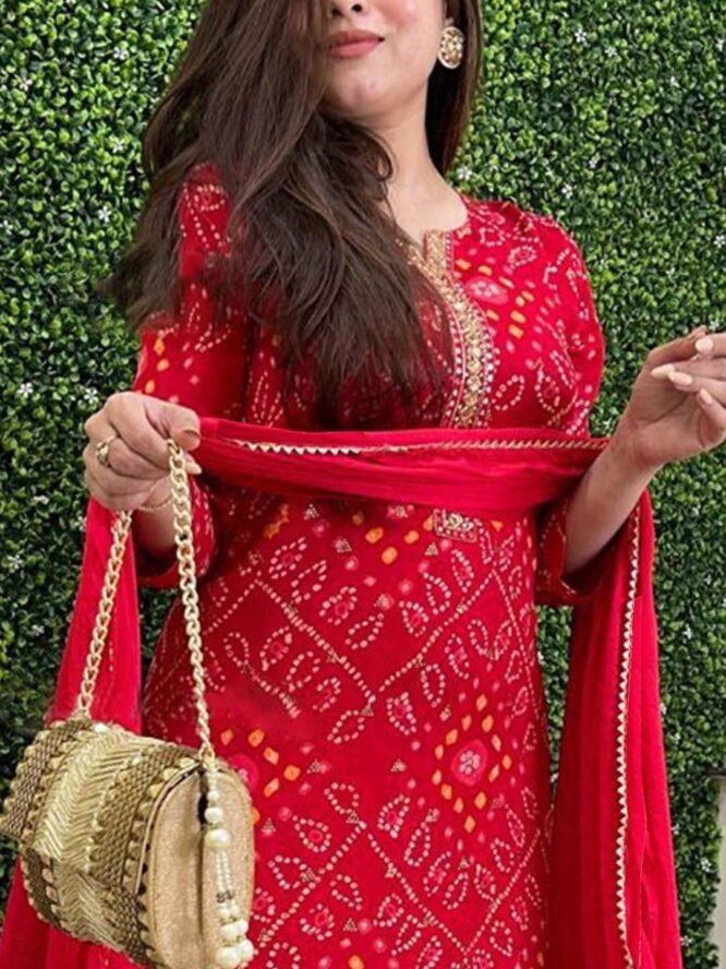 ASSUME FAB Women Viscose Rayon Bandhani Print A-Line Maternity and Feeding Wear Kurta Pant Set with Dupatta Red - Image 4