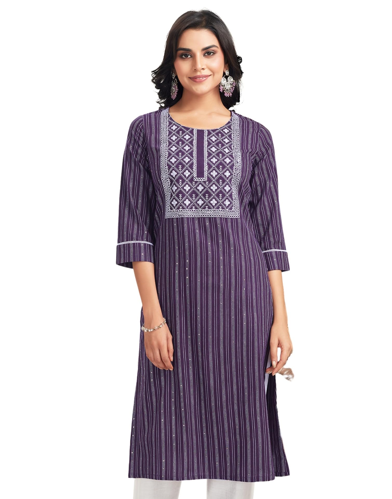 SIRIL Women's Cotton Sequence Embroidery Straight Kurta Pant with Dupatta Set (474K10027-L_Wine)