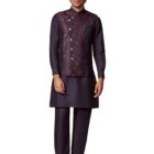 Manyavar Kurta Jacket Set for Men, Full Sleeves Mandarin Collar Ethnic Kurta Jacket Set for Festival, Wedding, Party Art Silk (Blue, S)