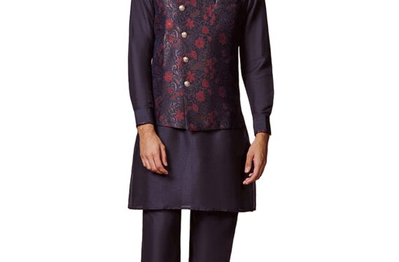 Manyavar Kurta Jacket Set for Men, Full Sleeves Mandarin Collar Ethnic Kurta Jacket Set for Festival, Wedding, Party Art Silk (Blue, S)