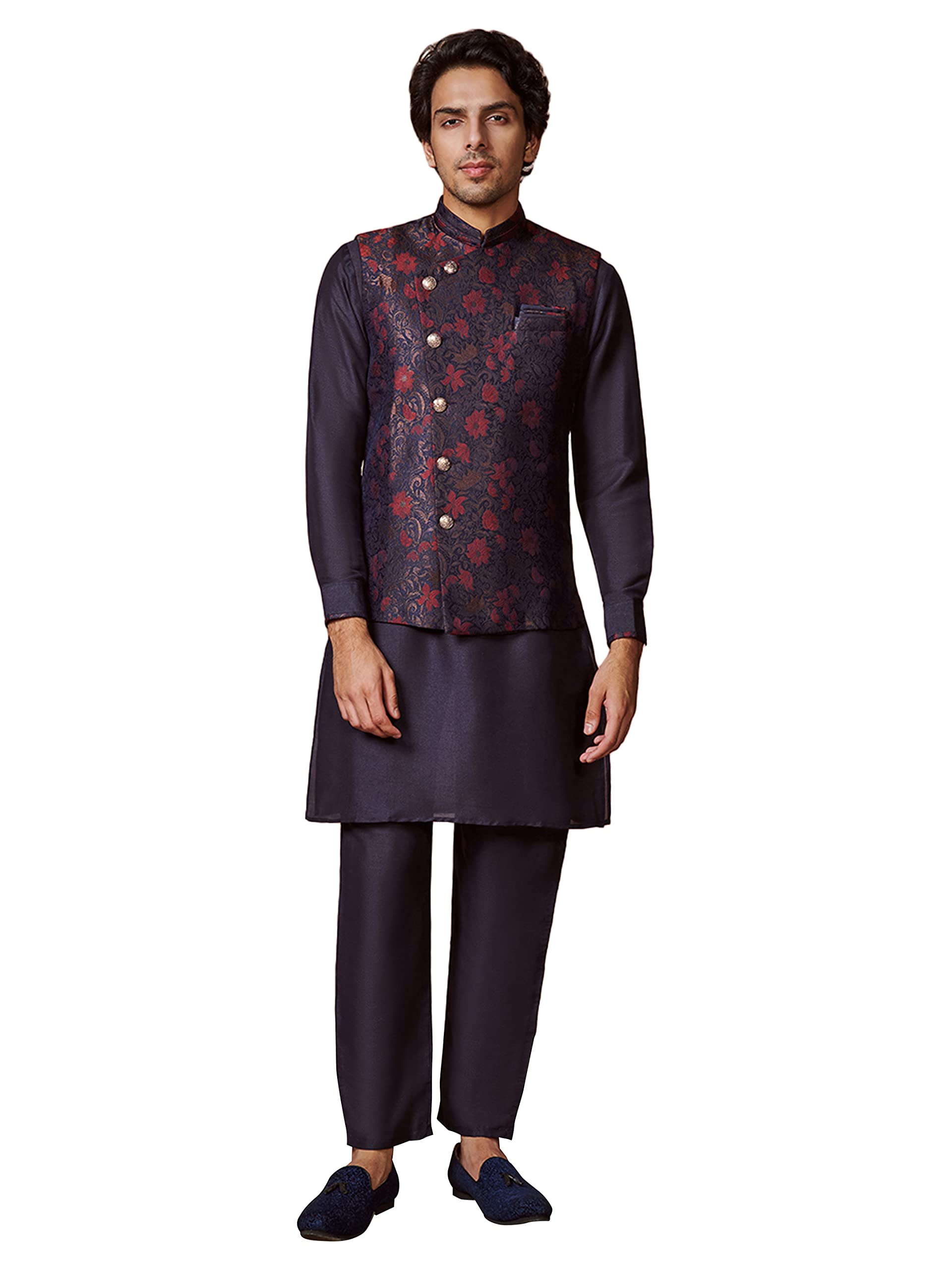 Manyavar Kurta Jacket Set for Men, Full Sleeves Mandarin Collar Ethnic Kurta Jacket Set for Festival, Wedding, Party Art Silk (Blue, S)