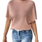 Zilcon Women Fashion Fall Batwing Half Sleeve Shirts Boat Neck Oversized Tunic Tops Casual Waffle Knit Shirts Tops for Women (in, Alpha, L, Dusty Pink)