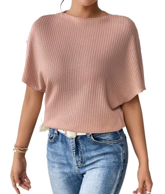 Zilcon Women Fashion Fall Batwing Half Sleeve Shirts Boat Neck Oversized Tunic Tops Casual Waffle Knit Shirts Tops for Women (in, Alpha, L, Dusty Pink)