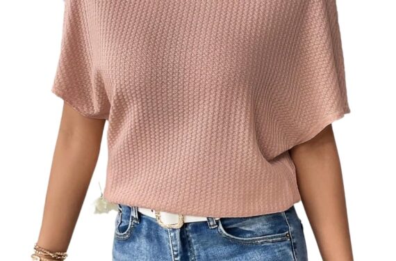 Zilcon Women Fashion Fall Batwing Half Sleeve Shirts Boat Neck Oversized Tunic Tops Casual Waffle Knit Shirts Tops for Women (in, Alpha, L, Dusty Pink)