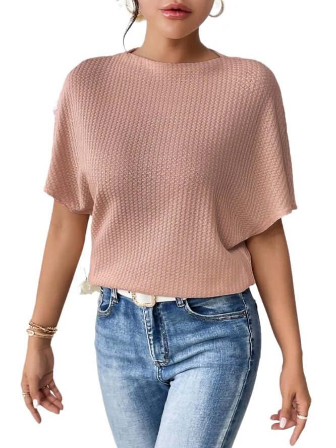Zilcon Women Fashion Fall Batwing Half Sleeve Shirts Boat Neck Oversized Tunic Tops Casual Waffle Knit Shirts Tops for Women (in, Alpha, L, Dusty Pink)
