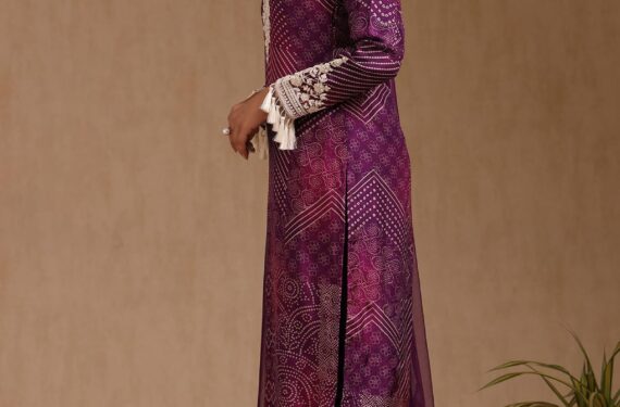 Soch Womens Russian Silk Bandhani Print Suit Set With Thread Work