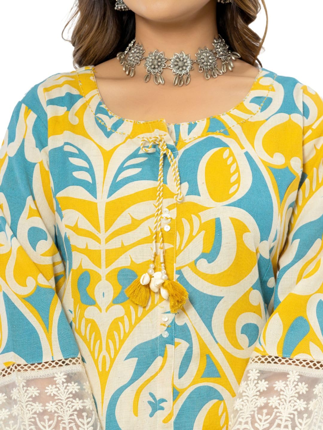 rytras Women's Cotton Printed A-Line Kurta with Pant Set(RYT563,Yellow,3XL) - Image 2