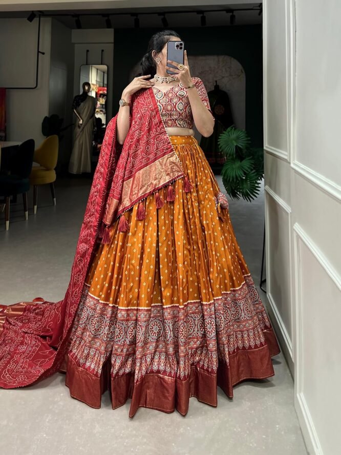 Women's Tussar Silk With Patola Print And Foil Work Lehenga choli (TAPKU) (Yellow) - Image 7
