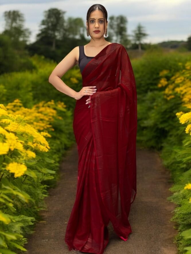 FEAURA Women's Maroon Ready to Wear Prestitched 1 Min. Saree Glitter Striped Nylon Light Weight with Blouse Piece - Image 7