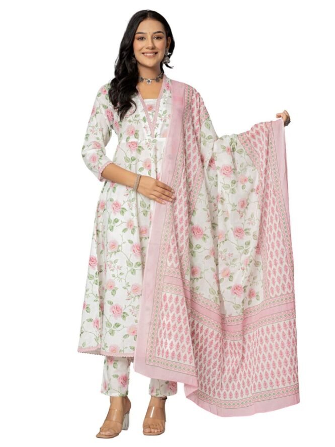 Amayra Women's Cotton Printed Anarkali Kurta with Palazzo Pants and Dupatta(TCK571,Pink,XL) - Image 3