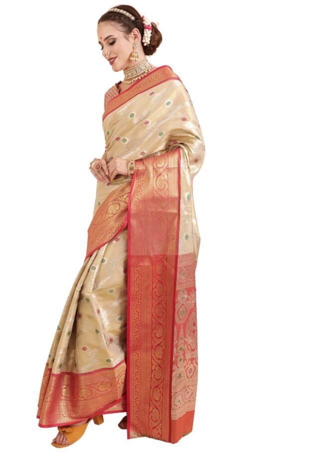 EthnicJunction Women's Banarasi Silk Blend Woven Saree With Unstitched Blouse Piece (EJ7064-Upasana-Cream_Cream) - Image 5