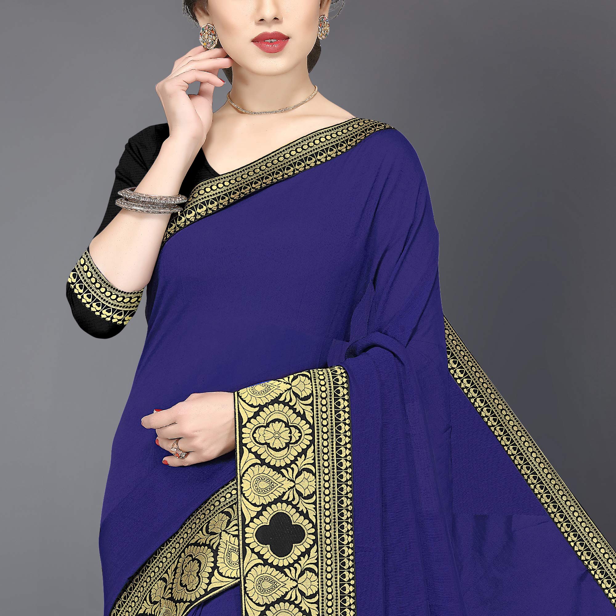 SOURBH Women's Chiffon Woven Zari Work Lace Border Saree with Blouse Piece (12811-Navy Blue) - Image 5