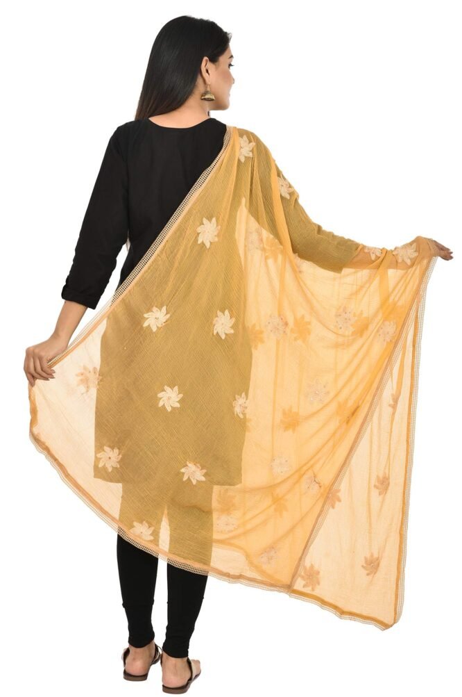 YOUTHQUAKE Flower Embroidered Diamond Work Chiffon Dupatta for Womens & Girls With 4 Side Lace (Beige) - Image 3