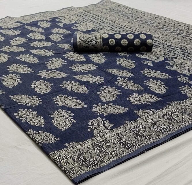 SWORNOF Women's Lucknowi Chikankari Linen Cotton Woven Sarees For Women With Blouse Sarees For Women, Blue - Image 2