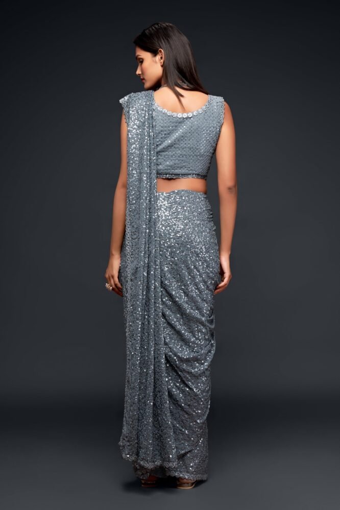 TRENDMALLS Women's Georgette Heavy Sequins Work Heavy Saree with Blouse (Latest-Sequins-Party-Saree) (Grey) - Image 8