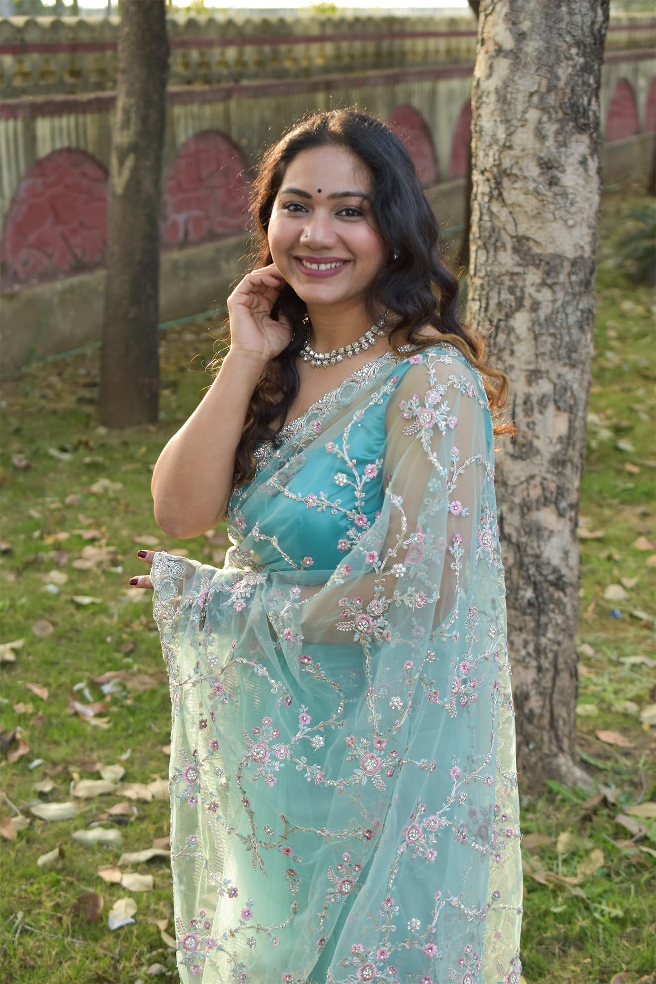 MESCHE Women's Pastel Mint Green Supernet Saree with Zari & Sequin Floral Embroidery With Unstitched Blouse Piece - Image 7