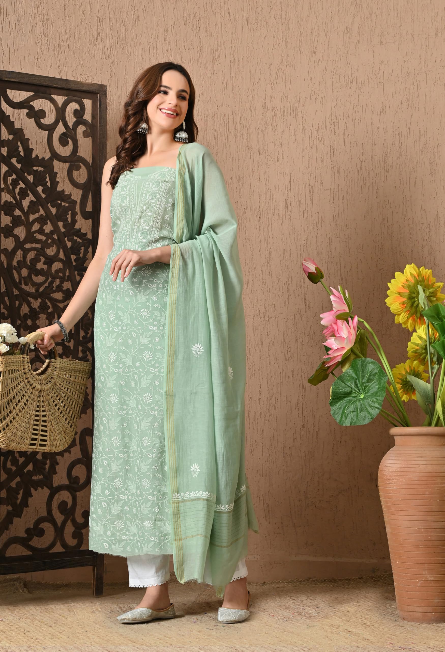 THE WEAVERS SHOP BY RAAVI Chanderi Kurta Dupatta Unstitched Suit Set - Image 4