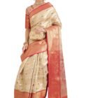 EthnicJunction Women's Banarasi Silk Blend Woven Saree With Unstitched Blouse Piece (EJ7064-Upasana-Cream_Cream)