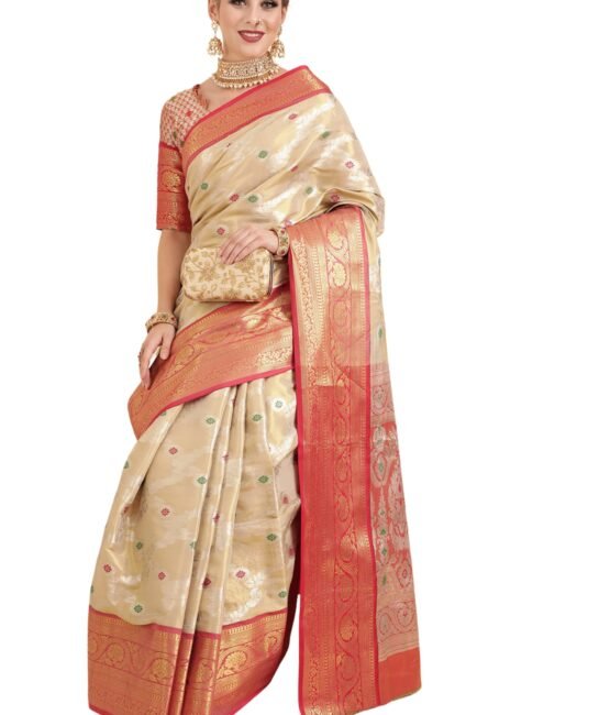 EthnicJunction Women's Banarasi Silk Blend Woven Saree With Unstitched Blouse Piece (EJ7064-Upasana-Cream_Cream)