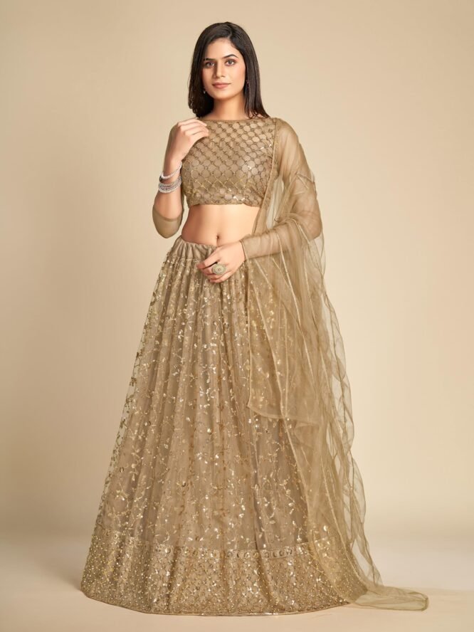 TRENDMALLS Women's Net Embroidery Lehenga Choli With Net Dupatta (L144-Gold, Semi stitched) - Image 3