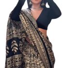 EthnicJunction Women's Art Silk Printed Kalamkari Saree With Blouse Piece (Black And Beige)