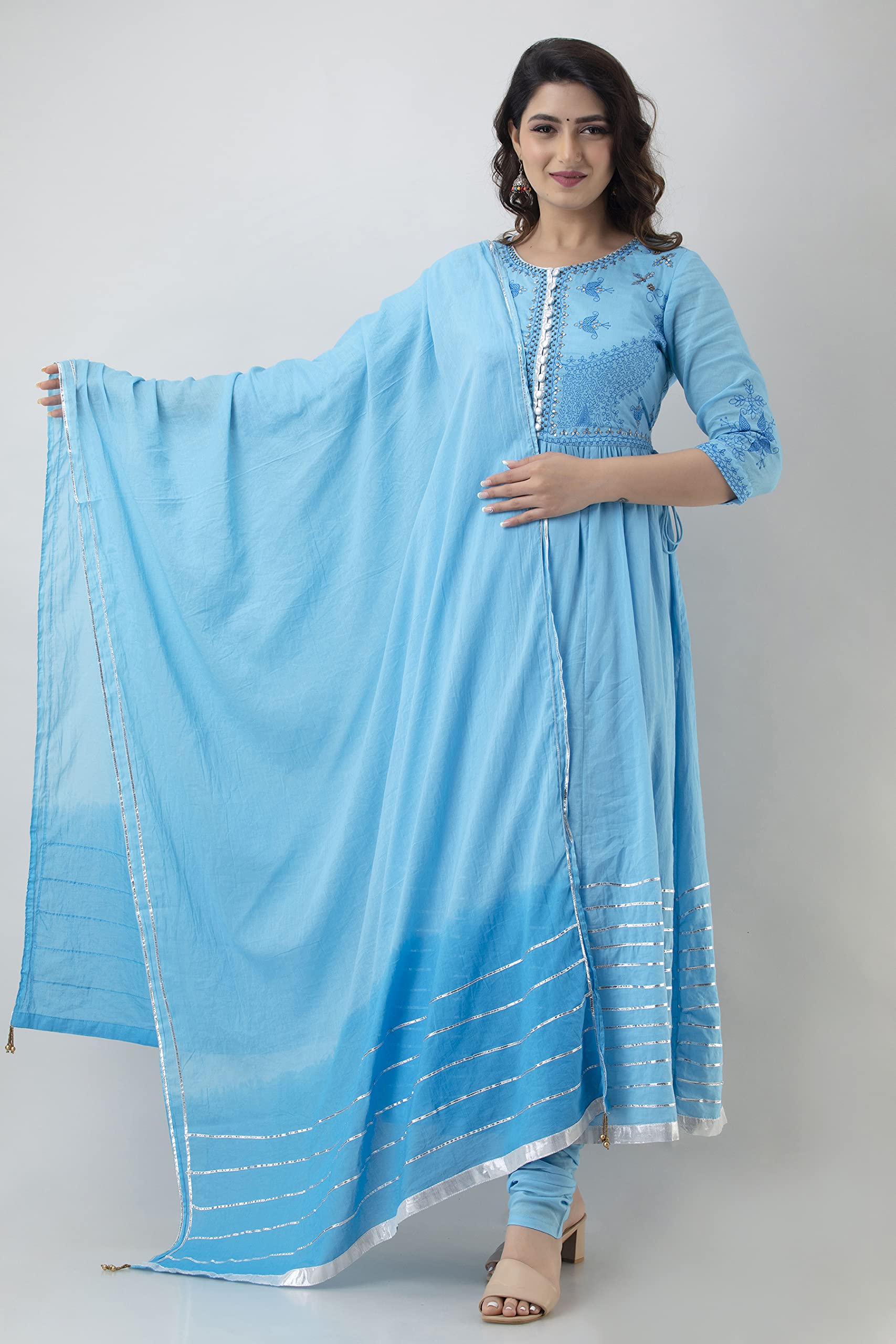 A&K Women Anarkali Embroided Printed Round Neck Kurta, Churidar & Dupatta Set - Image 8