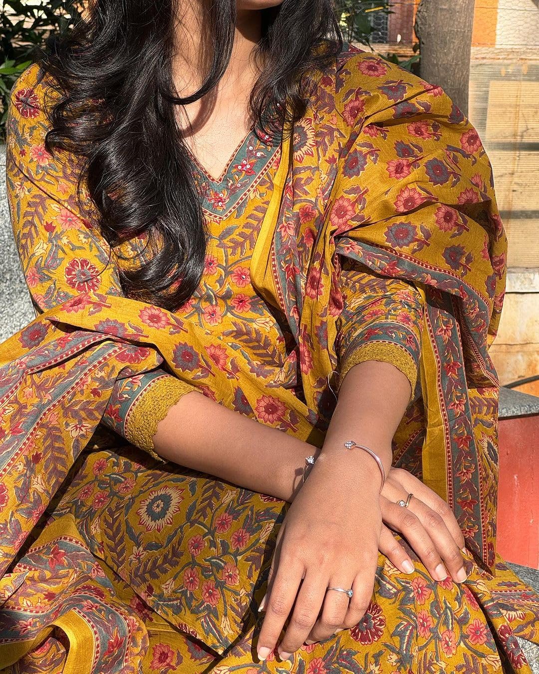 KLOSIA Women Printed Kurta and Pant Set with Dupatta (XX-Large) Mustard Yellow - Image 2