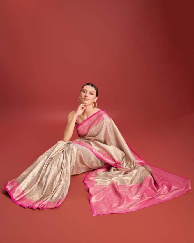 Monjolika Fashion Women Timeless Pink Kanjivaram Silk Saree with Intricate Zari Work Comes With Unstitched Regular Fit Blouse Piece - Image 6