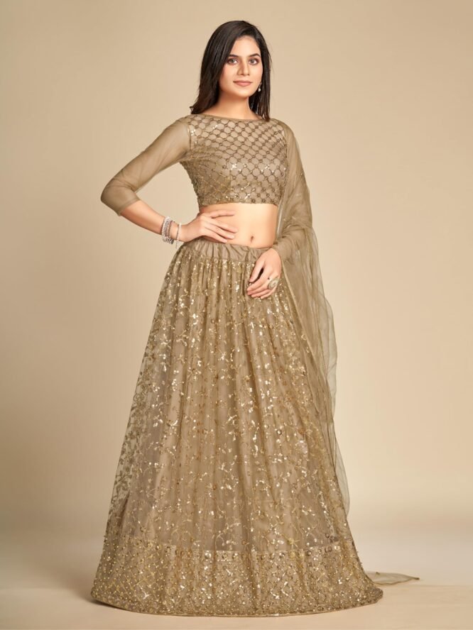 TRENDMALLS Women's Net Embroidery Lehenga Choli With Net Dupatta (L144-Gold, Semi stitched) - Image 2