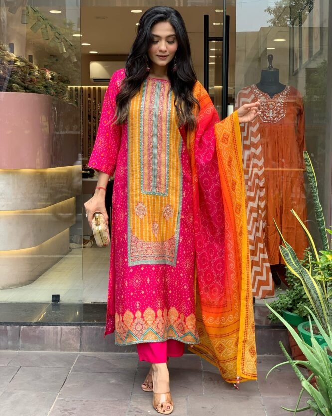ANNI DESIGNER Women's Rayon Blend Printed Straight Kurta with Pant & Dupatta (Shubhangi Rani_XXL_Pink_XX-Large) - Image 3