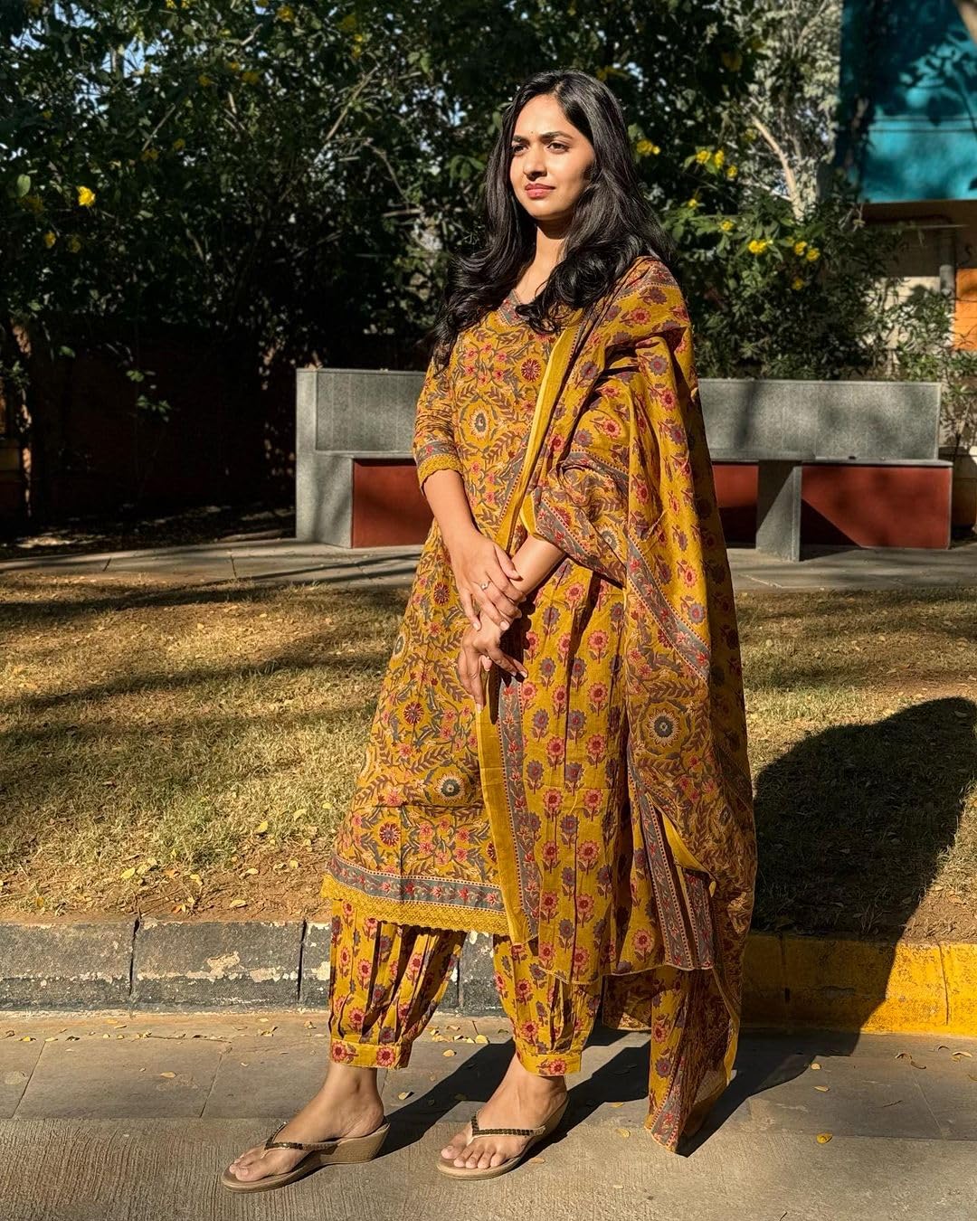 KLOSIA Women Printed Kurta and Pant Set with Dupatta (XX-Large) Mustard Yellow - Image 3