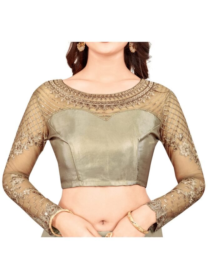 AKHILAM Women's Satin Silk Embellished Designer Saree With Blouse Piece (Metallic_SILVER27011_TFH) - Image 3